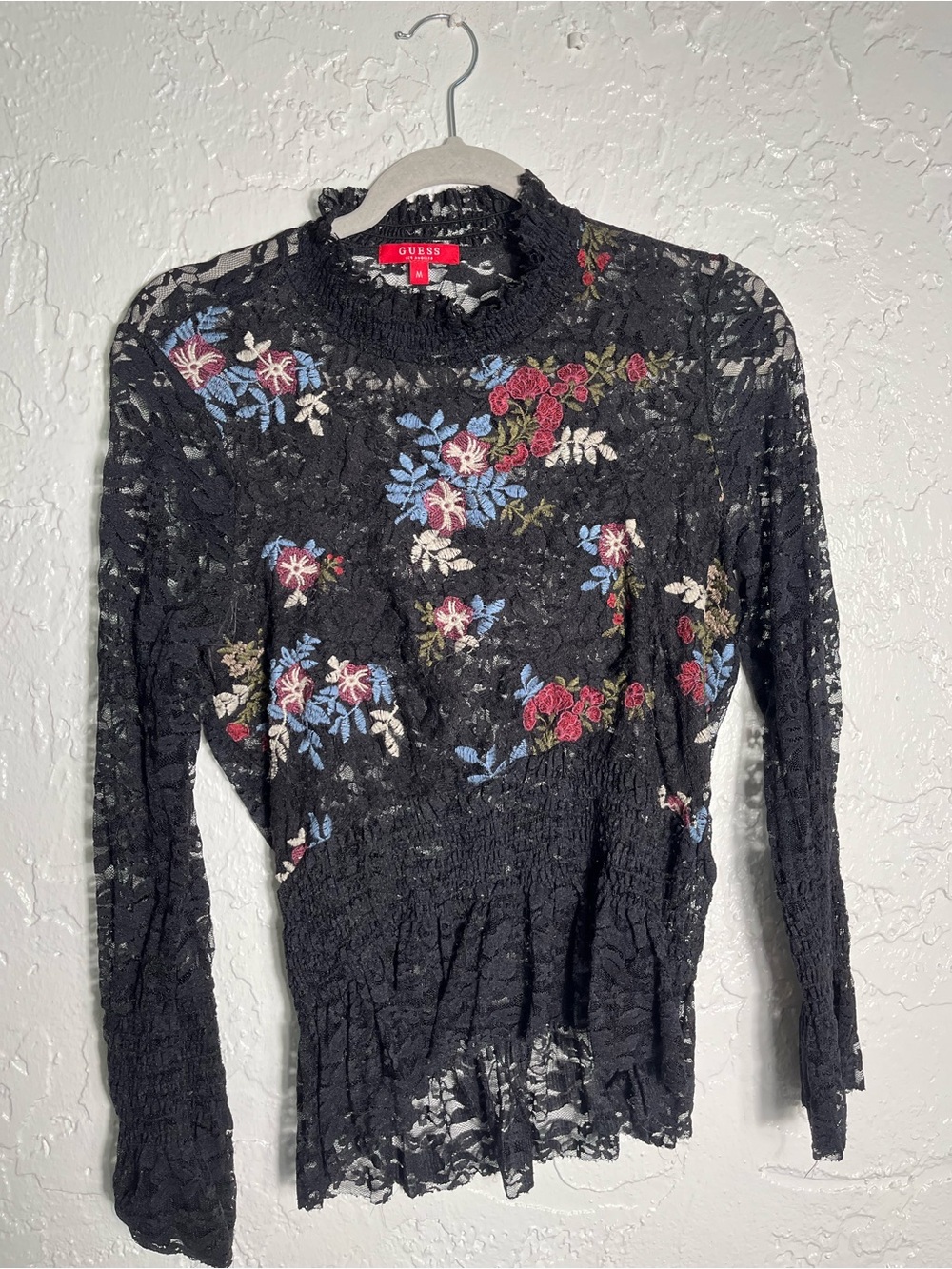 Guess Floral Lace Peplum Top Black Sheer Long Sleeve Size M